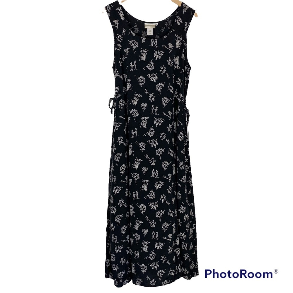 COLDWATER CREEK Novelty People Print Sleeveless Black Maxi Dress Medium Rayon - Picture 11 of 11